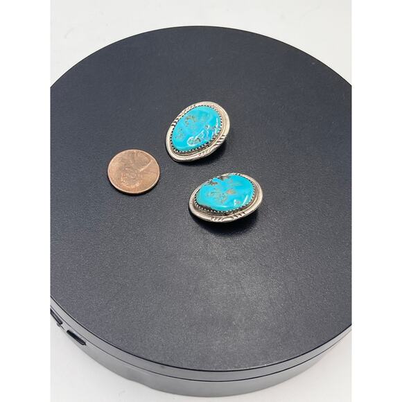 Vintage Navajo Sterling Kingman Pyrite Turquoise Artist Signed GD Clip Earrings - Picture 7 of 10